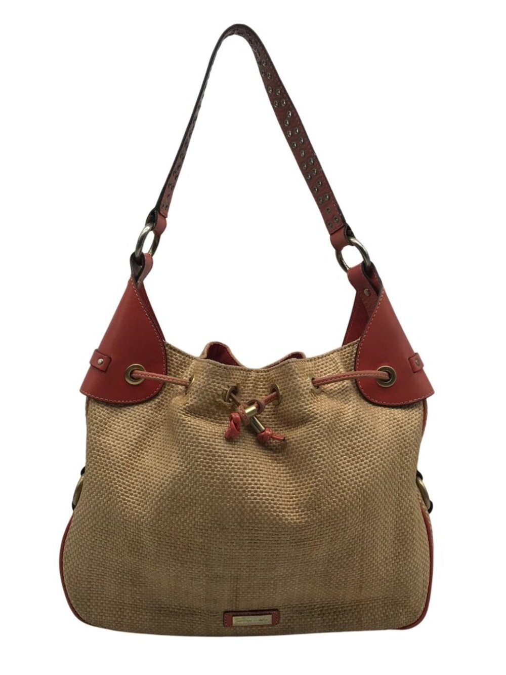 Adrienne Vittadini Beige & Coral Raffia Drawstring Shoulder Bag